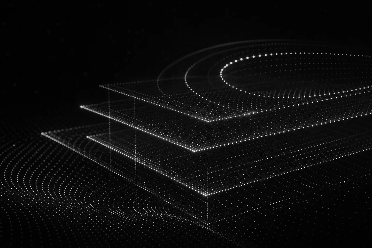 Abstract point-cloud landscape representing evolving digital projects